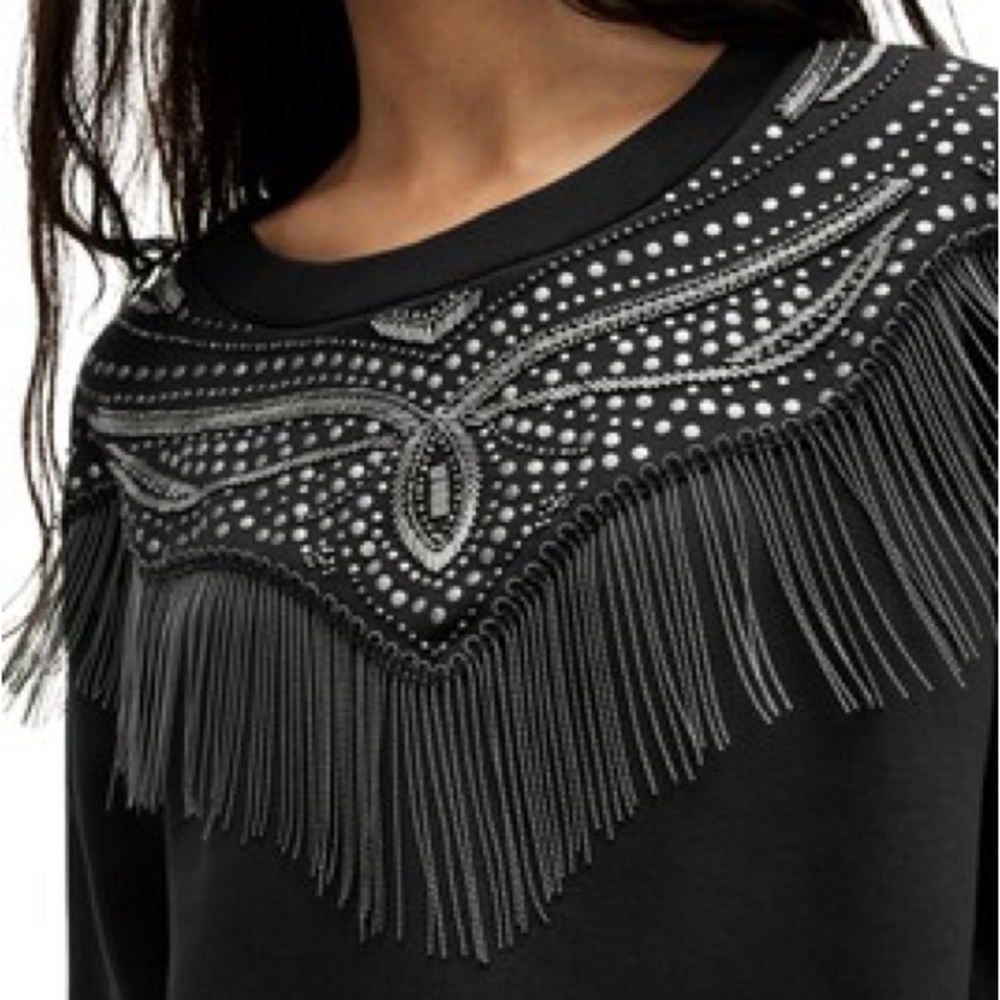 All Saints Black Sweater with Fringe and Studs